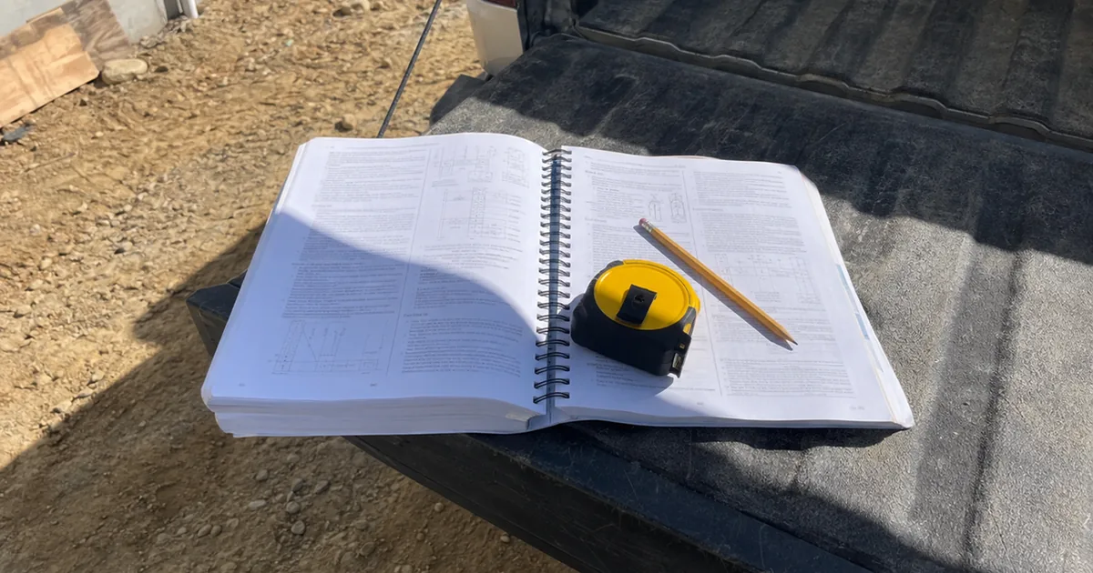 A spiral-bound California building code reference book open on a work truck's tailgate, with a tape measure and pencil resting on the pages
