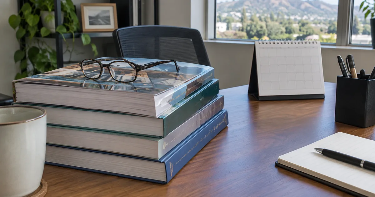 A stack of building code reference books on an office desk with reading glasses resting on top and a blank desk calendar nearby, ordinary daylight