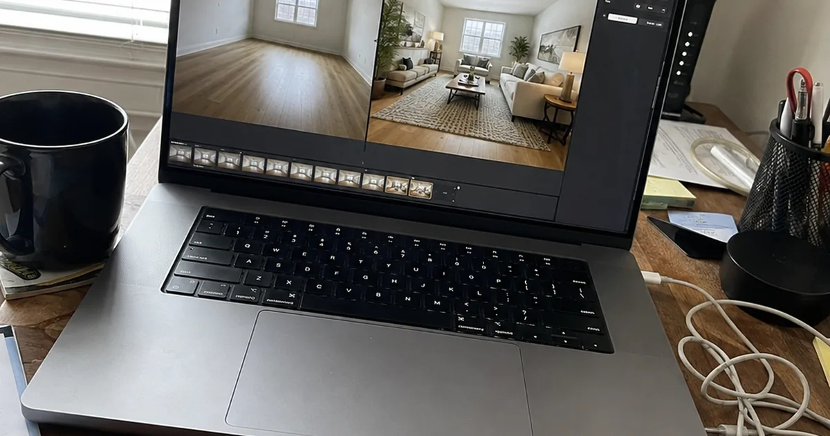 A real estate agent's laptop screen showing a listing photo editor with a before-and-after slider comparing an original room photo to a digitally staged version