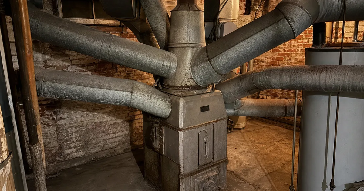 Old gravity octopus furnace with sheet-metal ducts radiating outward in the dim basement of an older Alhambra home