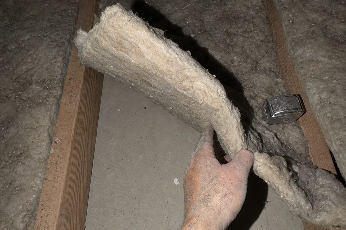 Inspector's hand lifting a flattened insulation batt to reveal bare ceiling drywall between joists, with a tape measure nearby