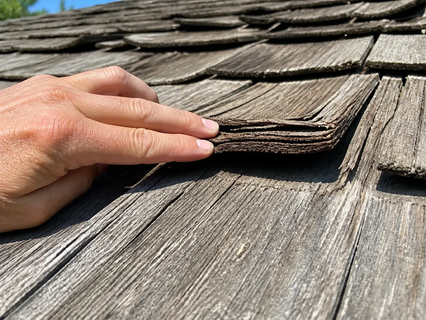 A hand pressing along the edge of a curled and split wood shake to check for softness and remaining thickness