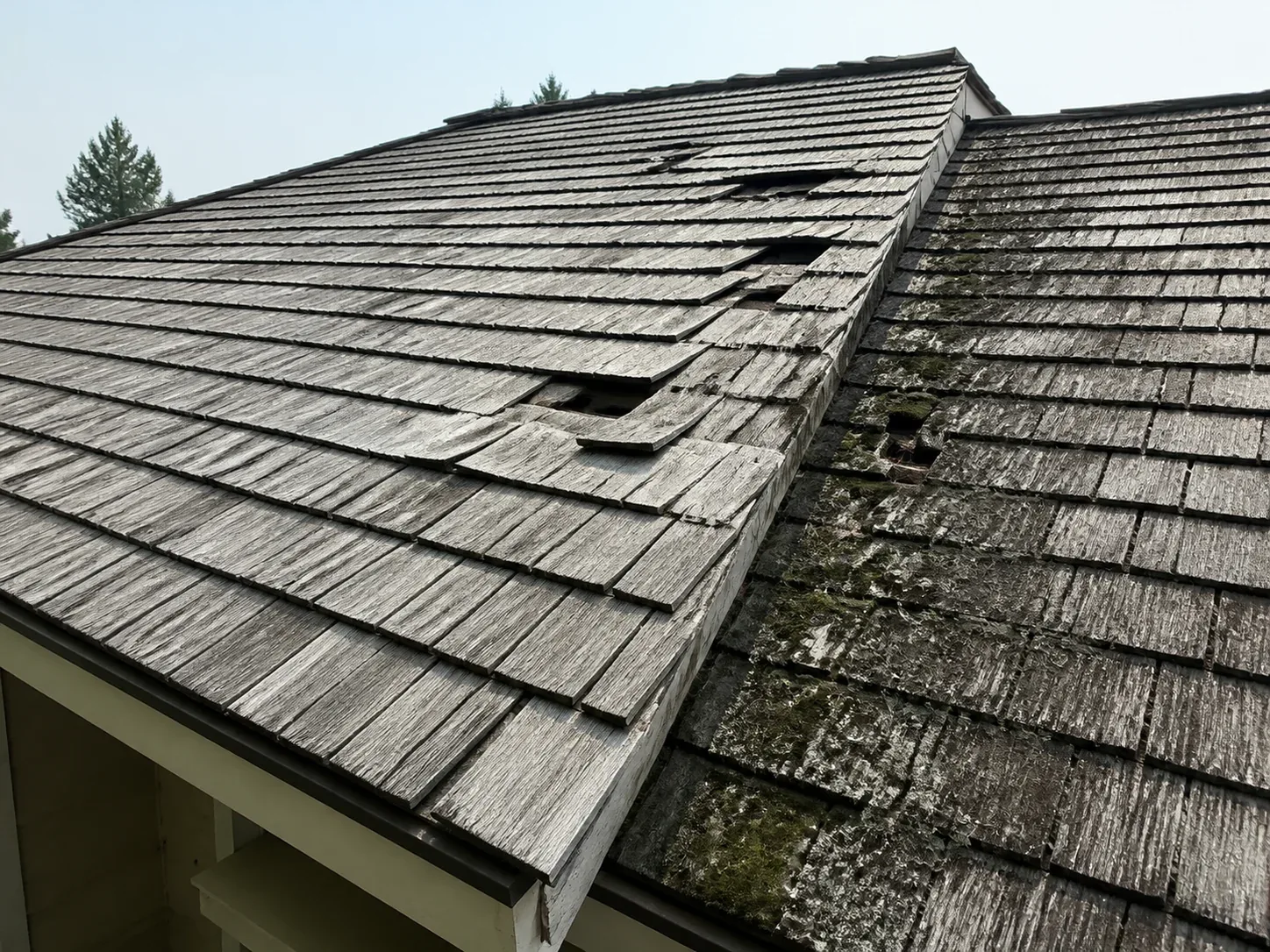 A weathered wood shake roof on a Bonsall ranch-style home with visible curling, splitting, and moss growth in bright daylight