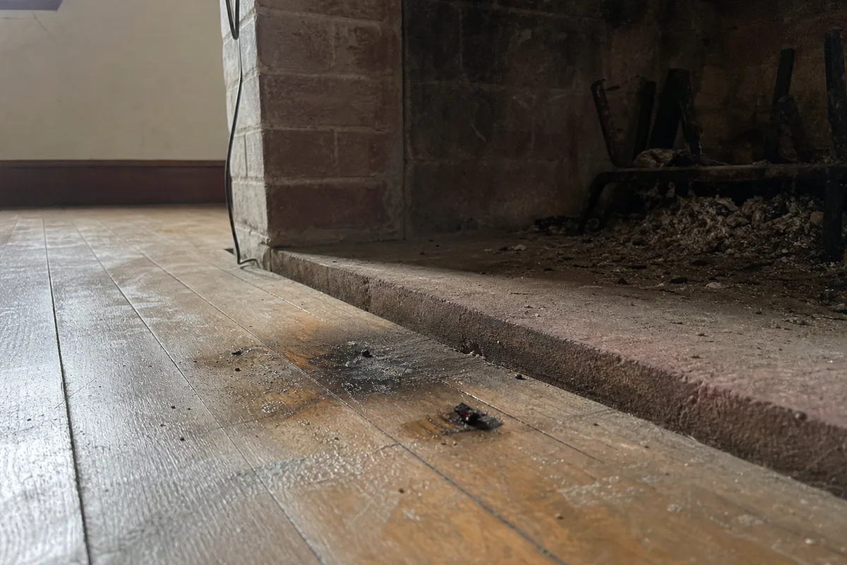 Shallow brick hearth meeting an old hardwood floor in front of a masonry fireplace, with small ember burns at the seam