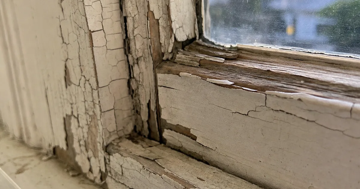 Close-up of chipping, alligatored paint on a wood window sash and trim in an older Burbank home