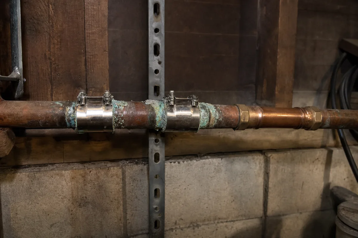 A run of old copper water pipe with two stainless repair clamps bolted over previous pinhole leaks, green corrosion staining around the clamps and a section of newer pipe spliced in