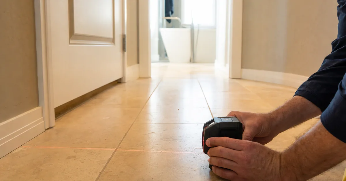 Home inspector's hands holding a laser level device projecting a line across a tile hallway floor