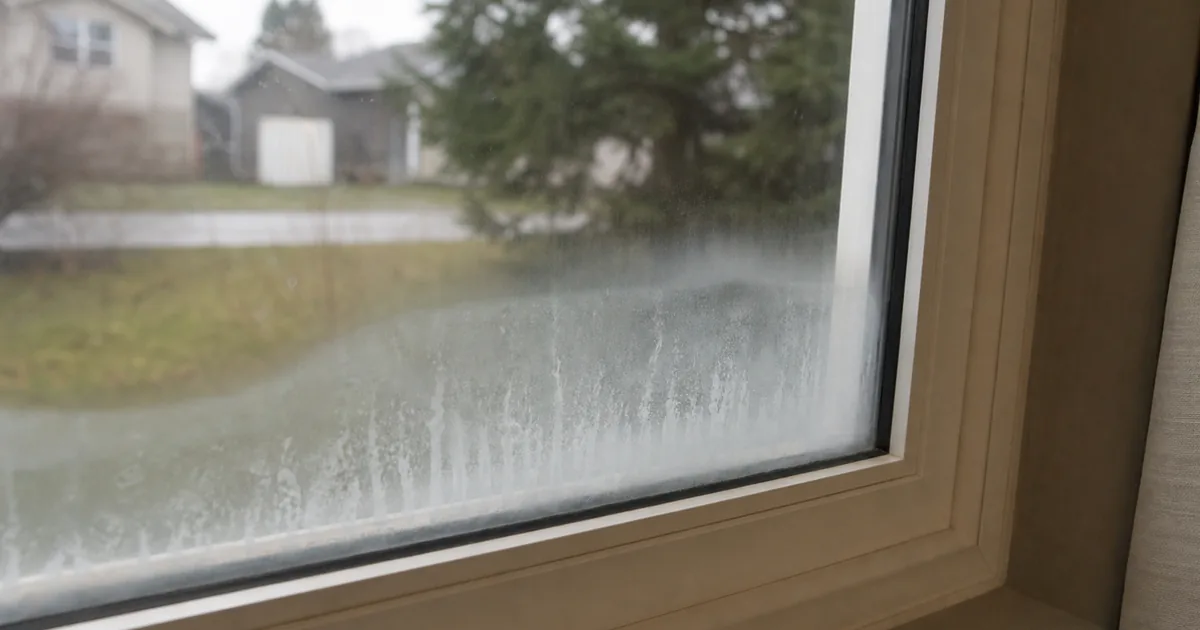 Close-up of a dual-pane window clouded with condensation and haze between the glass from a failed seal
