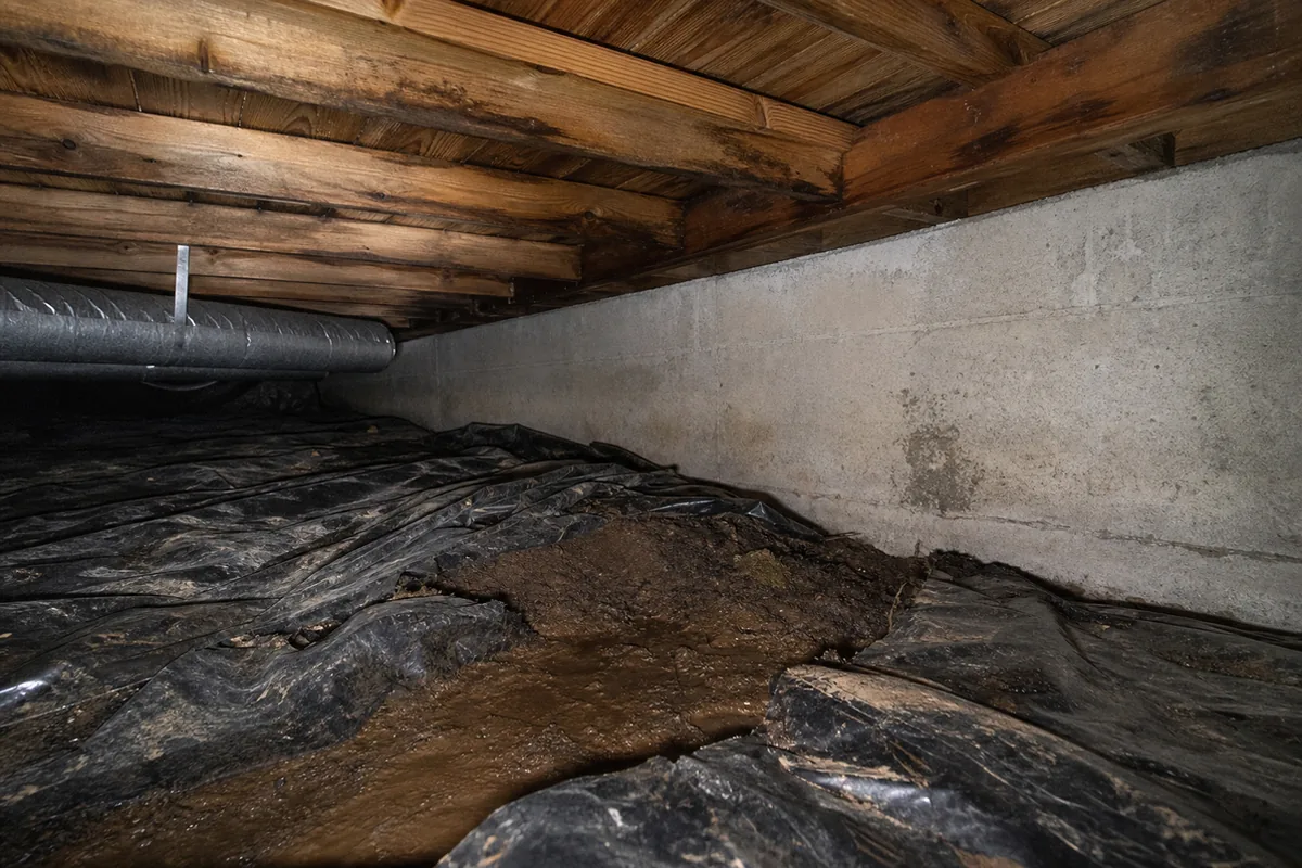Residential crawlspace under a raised foundation with a torn black vapor barrier pushed aside to expose damp soil
