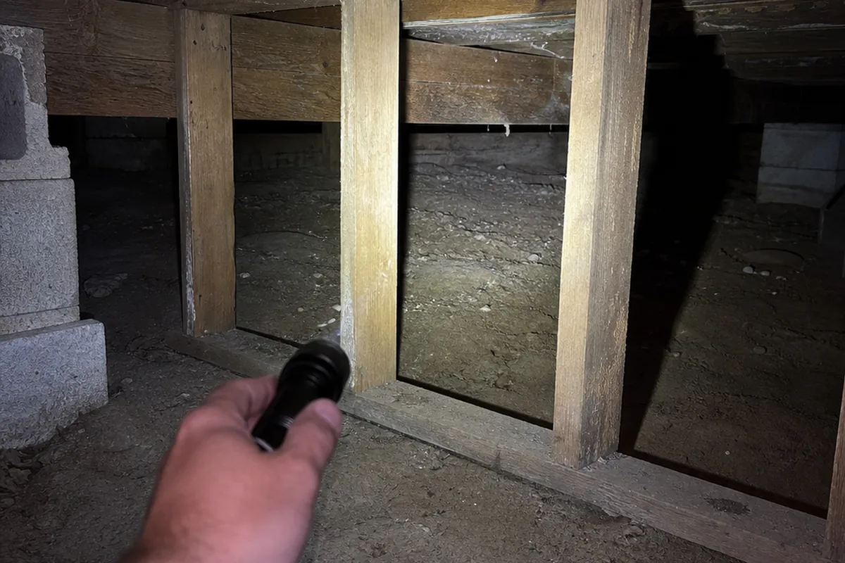 Unbraced wood cripple wall under an old raised-foundation home, bare studs above a dirt crawlspace floor