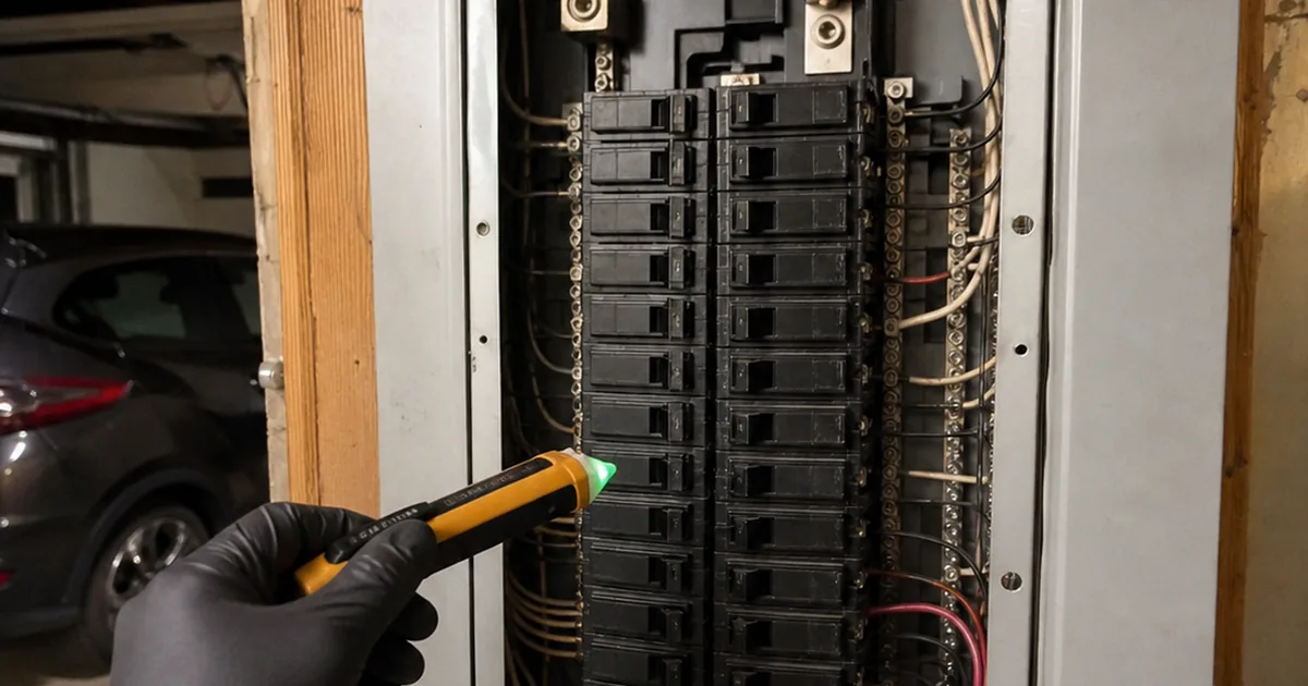 Inspector's gloved hand holding a voltage tester near an open residential electrical panel with mixed circuit wiring