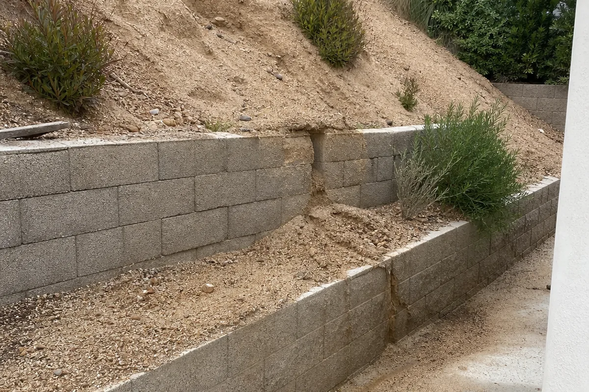 Terraced hillside with two tiers of retaining wall and a decomposed-granite slope eroding into small rills