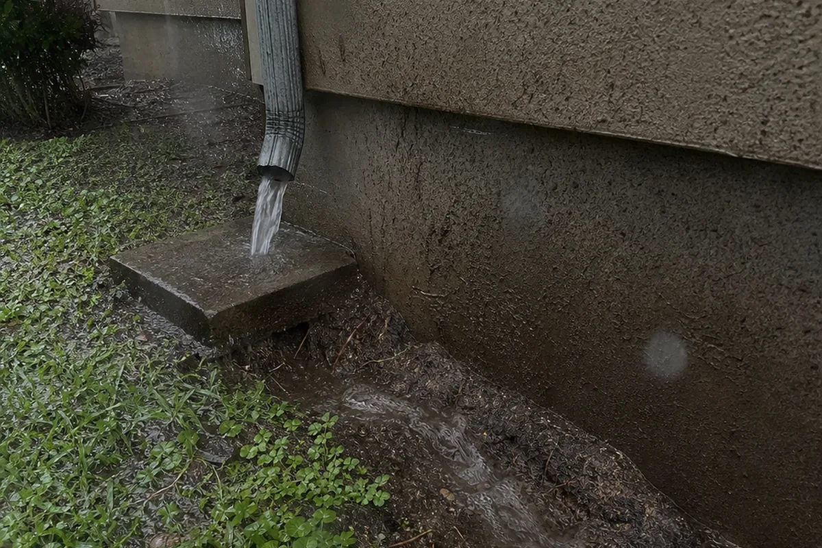 Downspout discharging rainwater directly onto a splash block a few inches from a house foundation during a storm