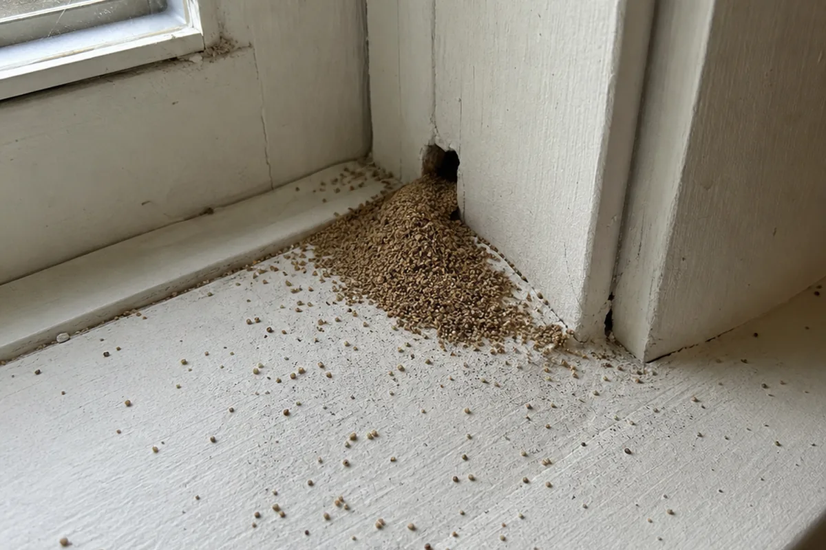 Cone-shaped pile of sand-like drywood termite frass on a windowsill below a small kick-out hole in the trim