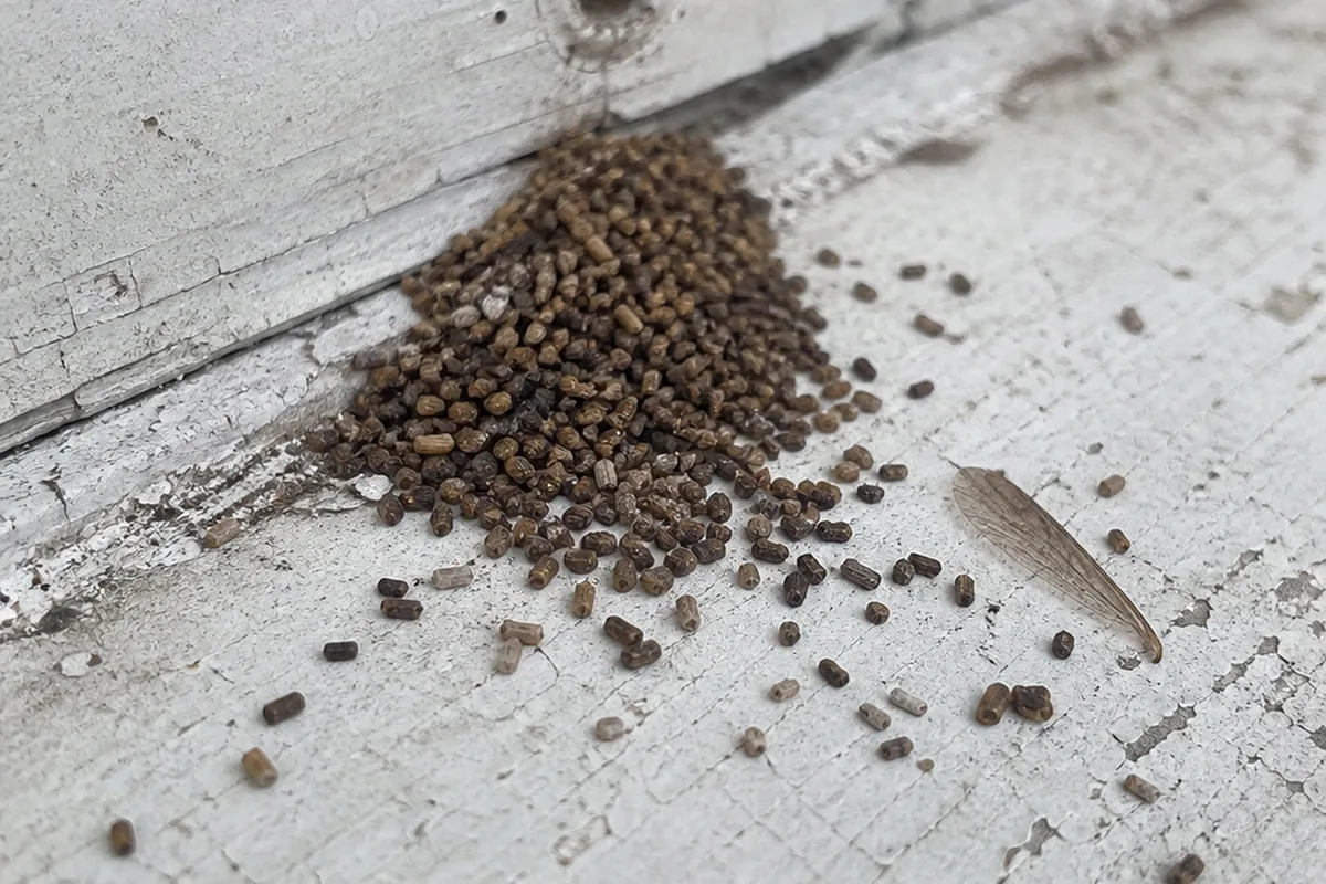 Extreme close-up of a small pile of drywood termite fecal pellets on a painted wooden windowsill with a kickout hole above
