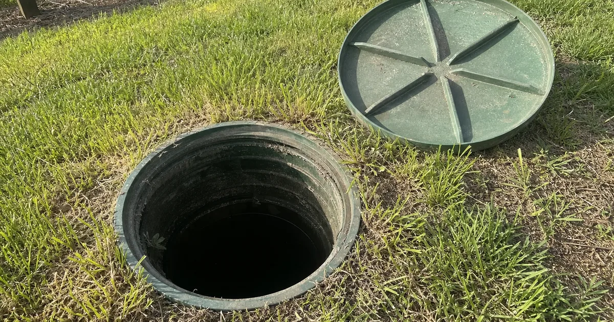 Septic riser lid resting beside its open access hole on a grassy Fallbrook rural property