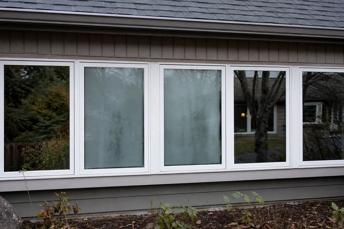 A bank of similar windows side by side where two panes read milky and cloudy from failed seals while the panes beside them are clear, the difference obvious in overcast daylight