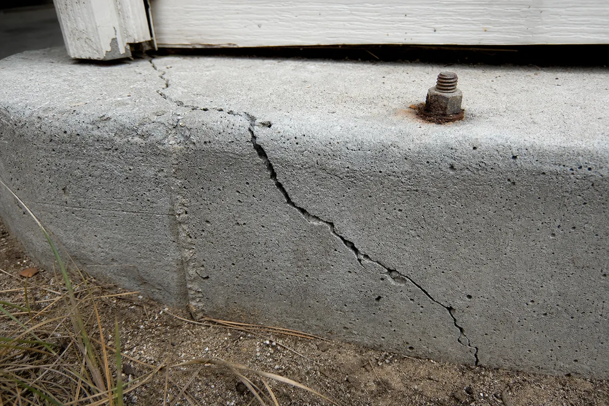 Close-up of a diagonal settlement crack with a rusted anchor bolt at a coastal home's concrete foundation edge