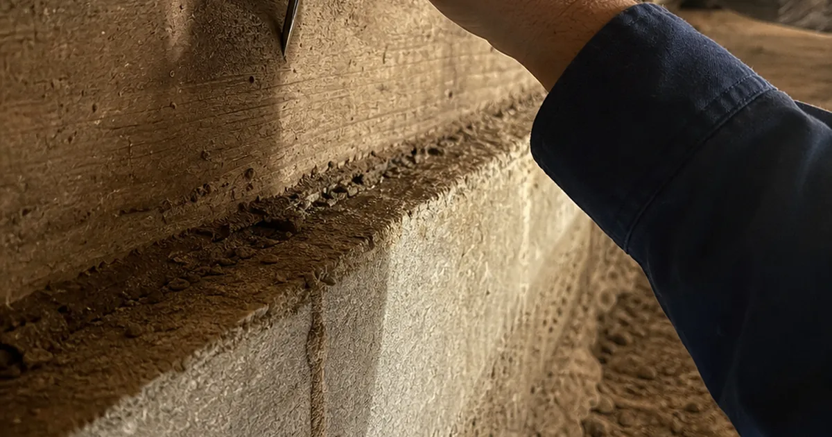 Inspector's hand pressing a steel probe into a wooden mud sill near a termite mud tube in a crawlspace