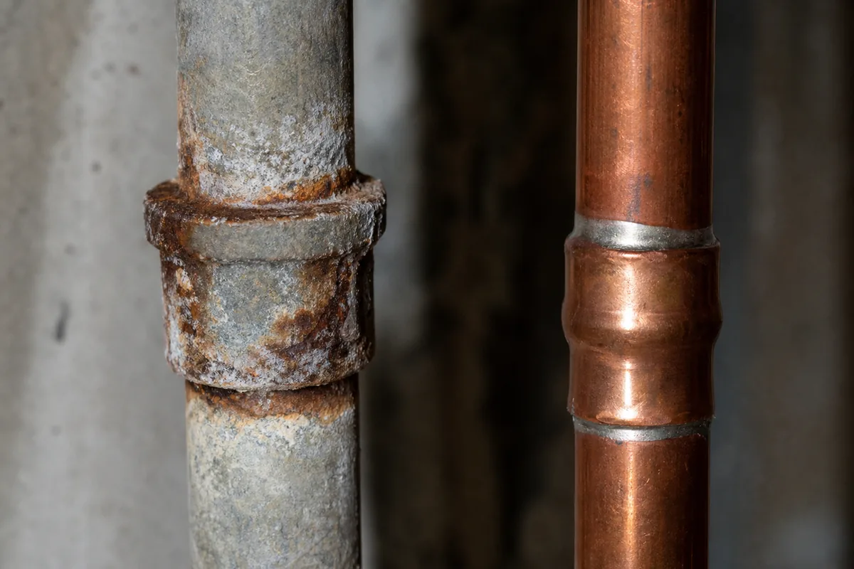 Side-by-side comparison of a rusted galvanized steel supply pipe and a clean modern copper line
