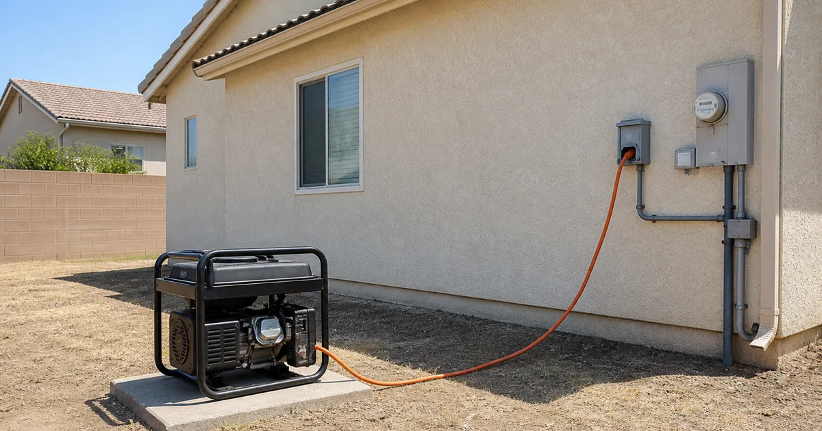 A portable generator sitting on a concrete pad outside a Hemet home with a heavy-gauge cord running to a garage-wall inlet box beside the electrical meter