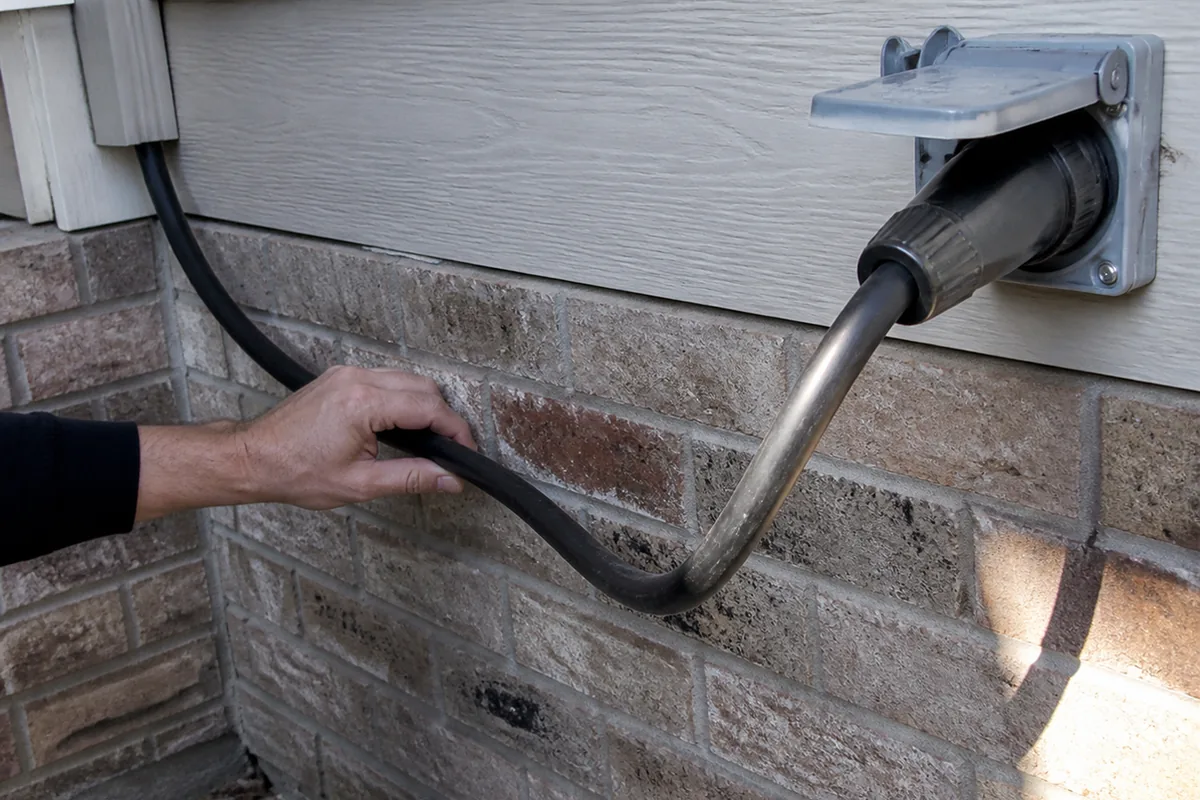 A hand tracing a heavy-gauge generator cord from an exterior inlet box back toward the main panel, checking the connection point