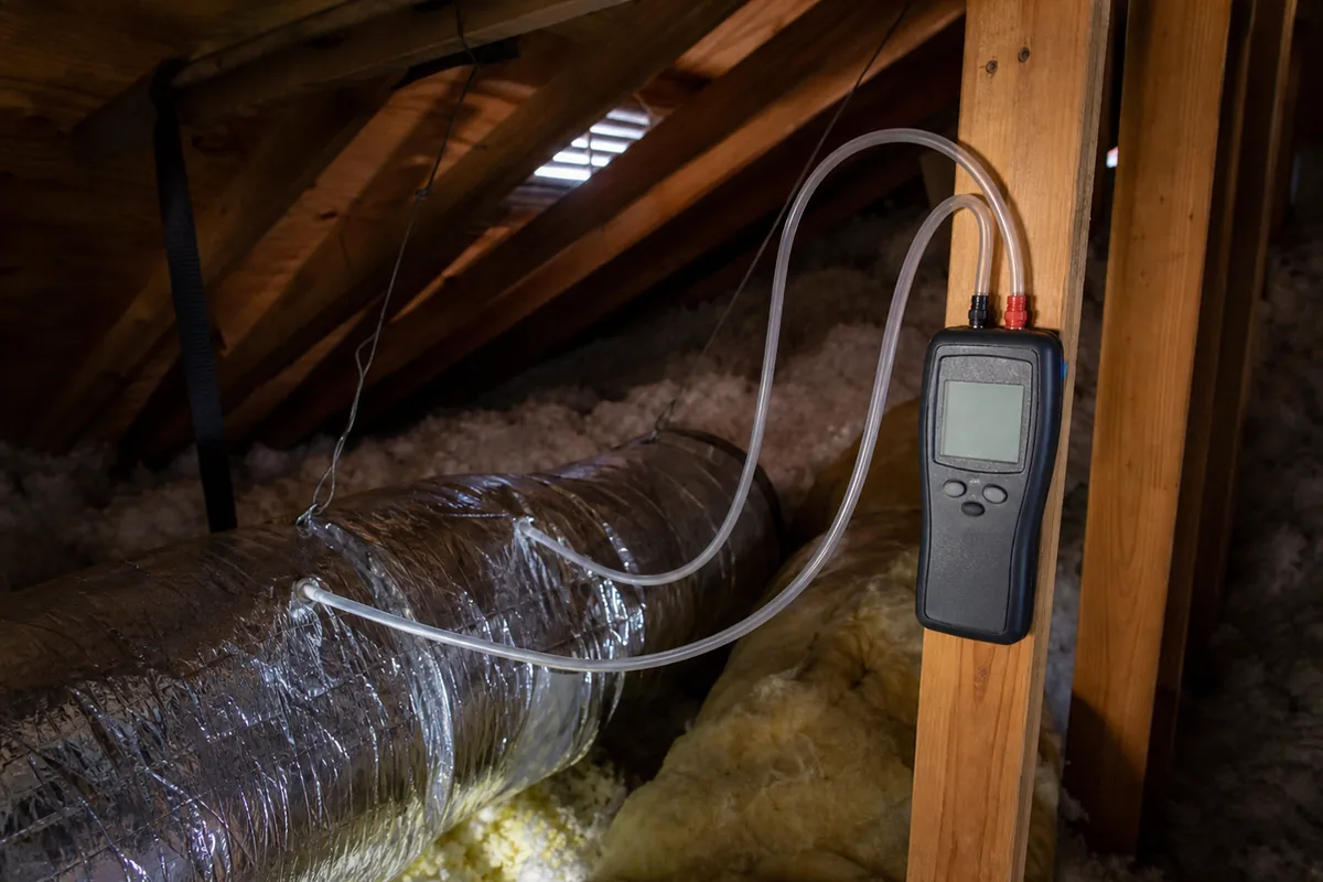 HVAC static pressure gauge connected to a return air duct in an attic, reading above the rated range