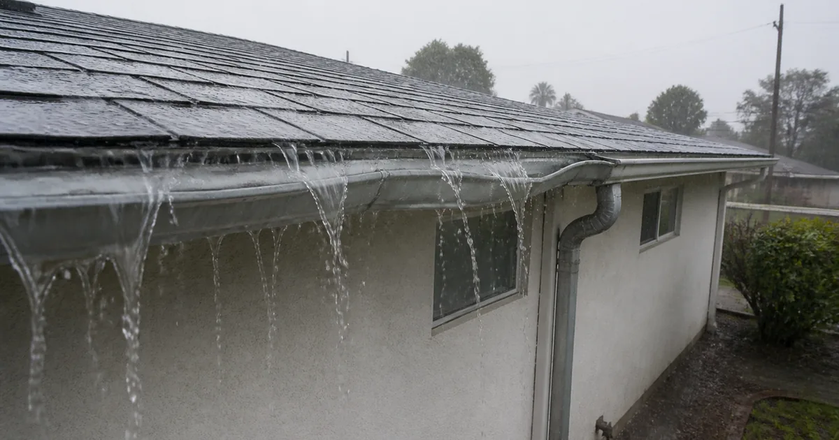A sagging gutter section on a flat 1950s tract roof in Lake Balboa overflowing during rain, water spilling over the front lip instead of into the downspout
