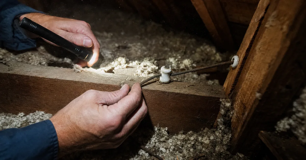Inspector tracing old knob-and-tube wiring in the attic of a historic Long Beach Craftsman home