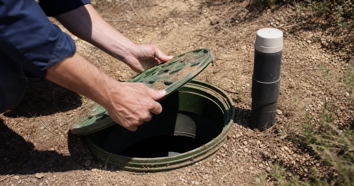 Inspector lifting a septic riser lid to check an onsite wastewater system at a coastal hillside property
