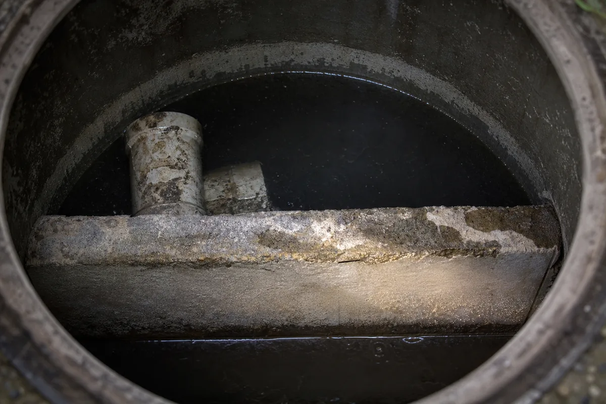 Close-up looking into the open access port of a residential septic tank showing effluent sitting high against a weathered concrete outlet baffle