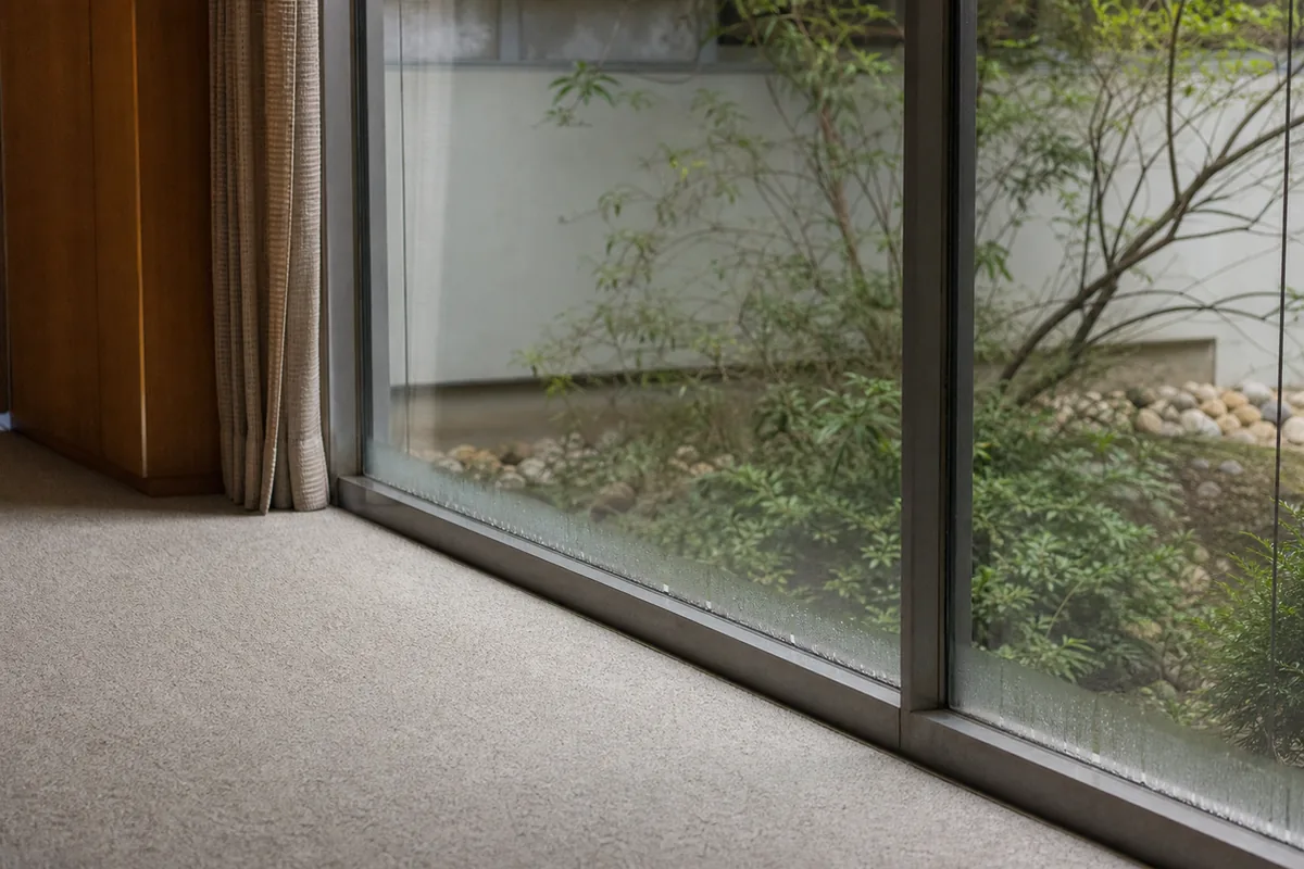 A floor-to-ceiling single-pane glass wall in slim original aluminum frames with faint condensation along the bottom edge of the glass