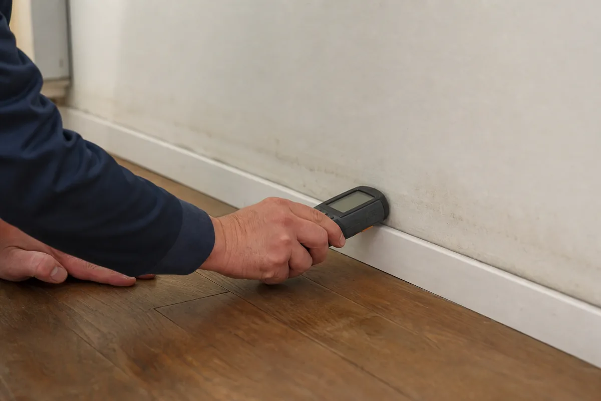 Inspector's hands pressing a handheld moisture meter to the base of a baseboard with a faint dark moisture line on the wall