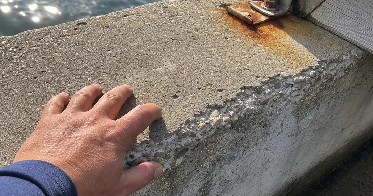 Home inspector's hand on a weathered bulkhead cap where a dock gangway bolts in, with spalling concrete and a rusted anchor