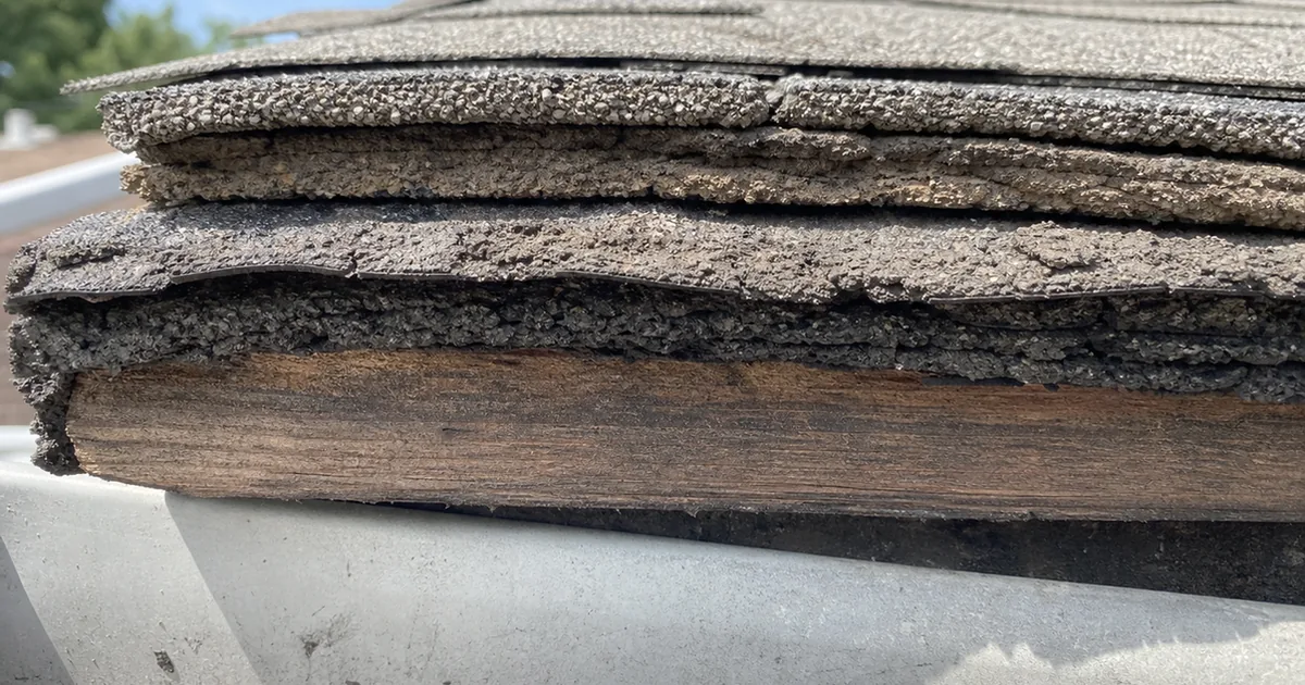 Cut edge of a Northridge tract roof at the eave showing three stacked layers of old asphalt shingles