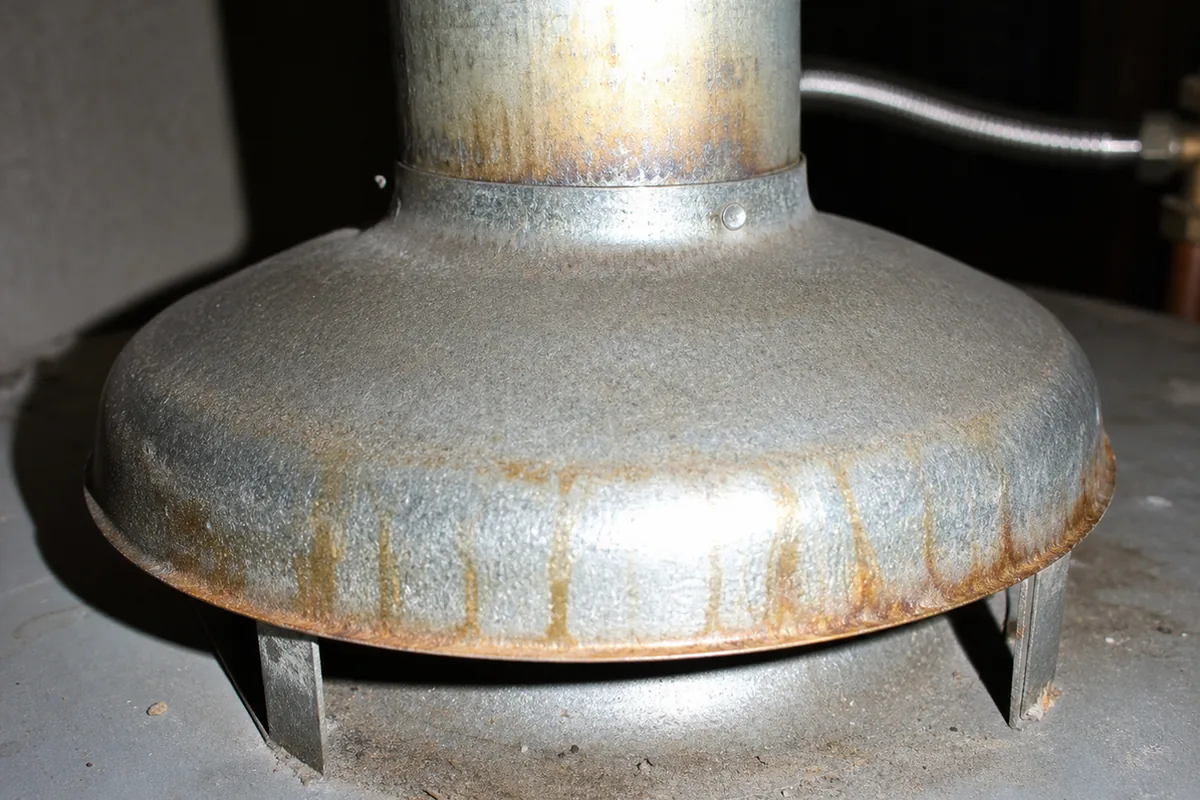 A macro view of rust staining and corrosion at a gas water heater’s draft hood, evidence of flue gas rolling back instead of rising
