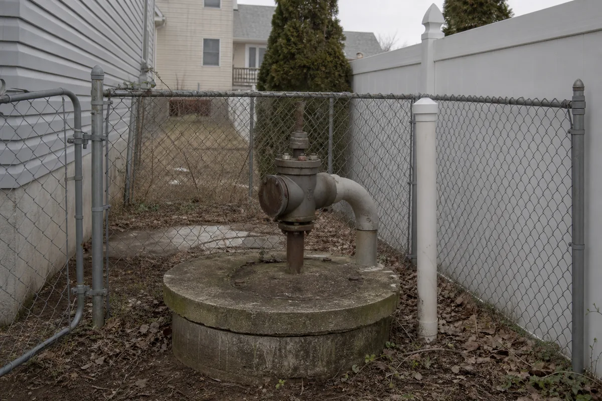 An old concrete well cellar and steel wellhead valve assembly set into the ground inside a small fenced enclosure squeezed between suburban back yards, with a vent pipe rising beside it
