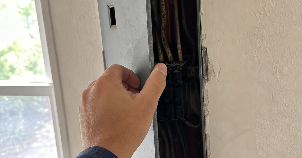 Inspector's hand opening an old sub-panel door to reveal cloth-jacketed wiring in a pre-1940 Old Towne Orange home