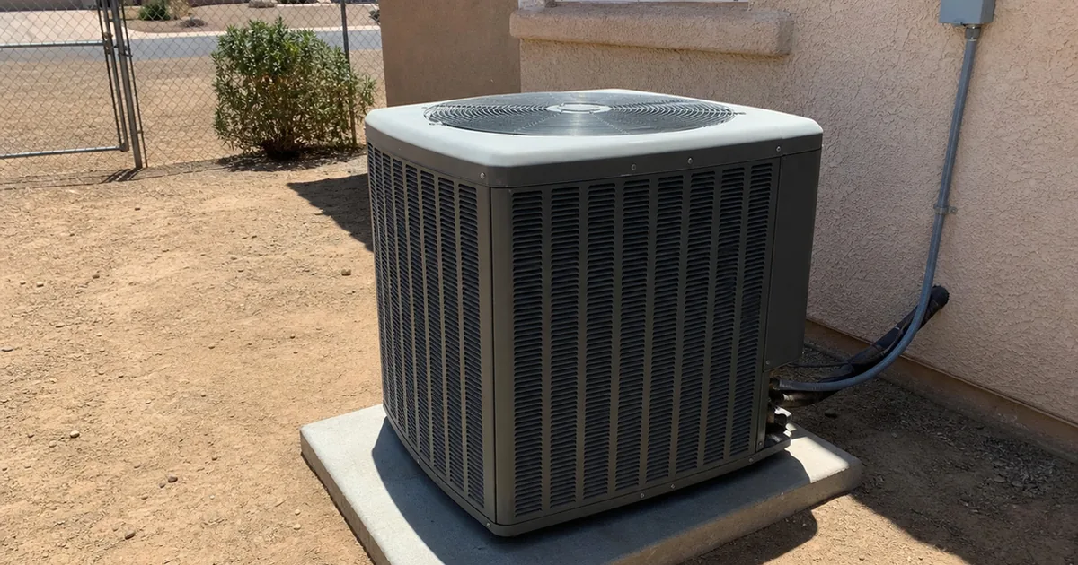A residential central air conditioning condenser unit on a concrete pad beside a Perris tract home, under bright hard midday sun