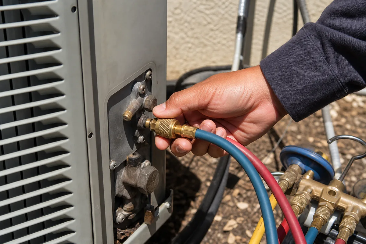 A hand connecting a refrigerant gauge manifold to a residential air conditioning condenser’s service port during a diagnostic check