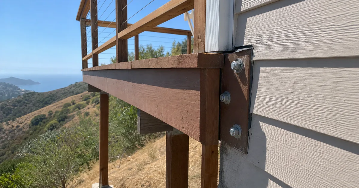 Elevated deck attached to a hillside home with visible ledger board connection point