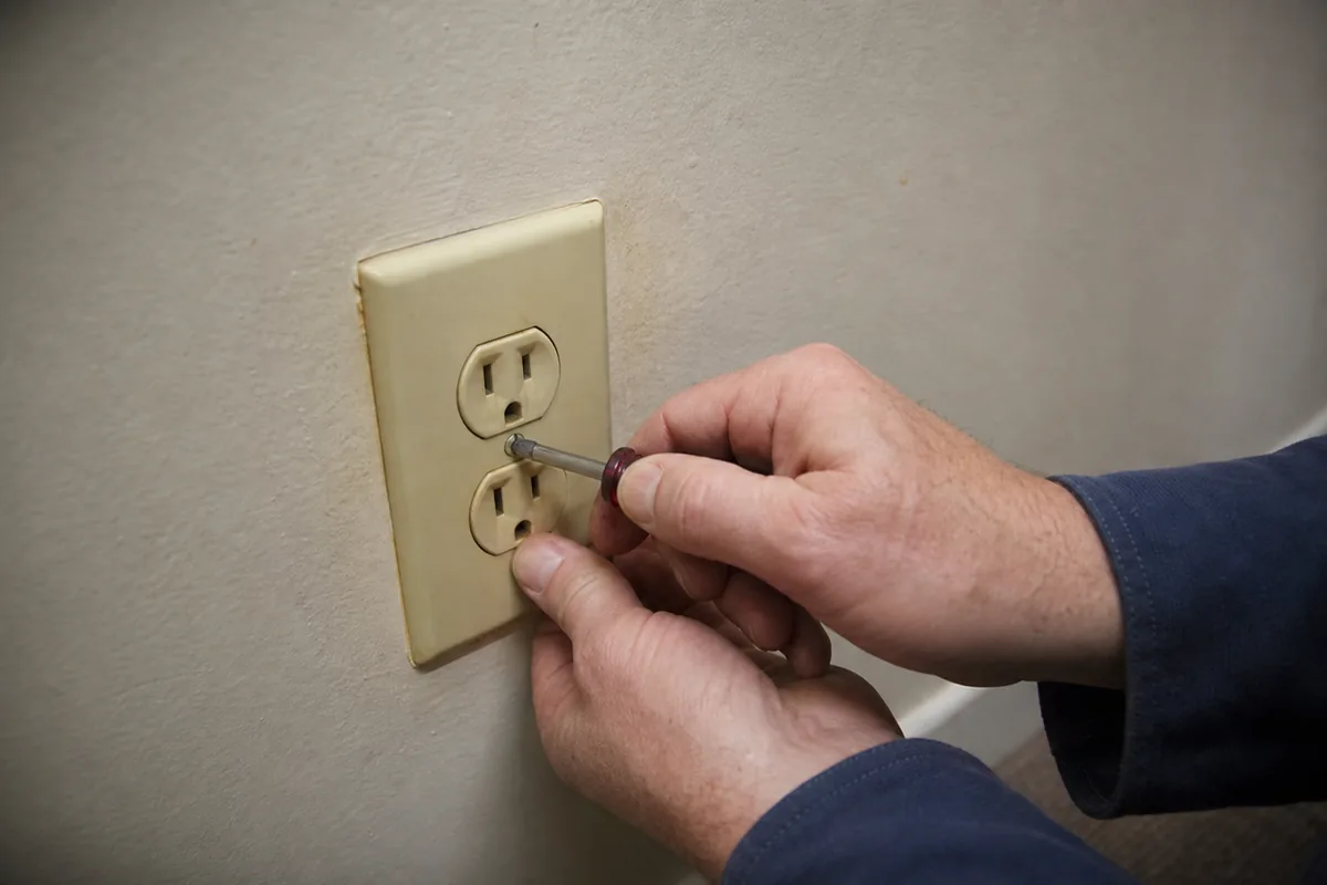 Home inspector removing the cover plate of an aged wall receptacle with a screwdriver in an older single-story home