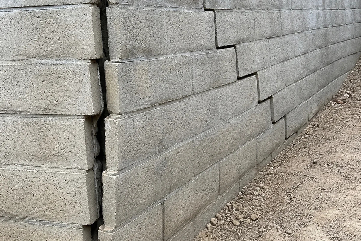Concrete-block retaining wall tier leaning slightly outward with a stair-step crack through the block joints