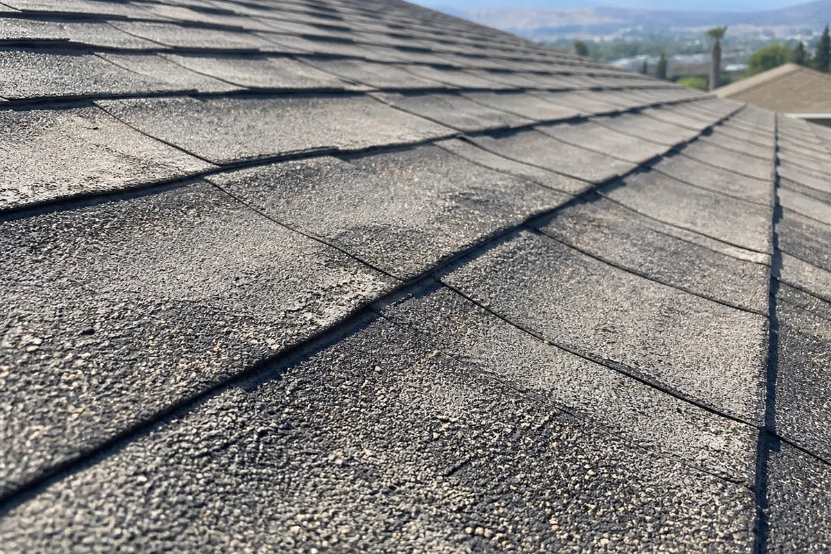 Raking view along an asphalt shingle roof slope showing rippled, telegraphed shingles where an old layer shows through underneath
