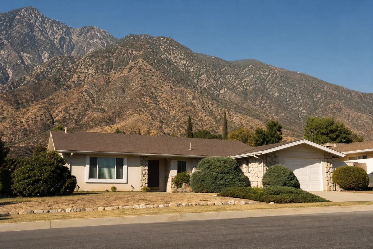 Wide view of a San Bernardino valley neighborhood of older and postwar homes below the San Bernardino Mountains and the fault-lined foothills