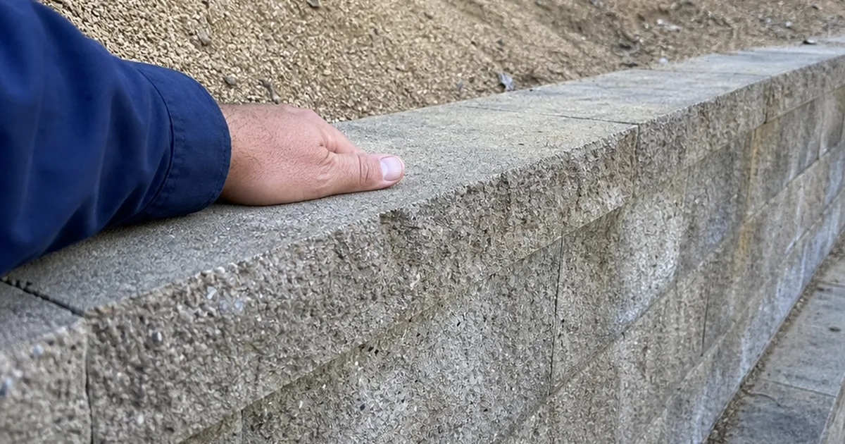 Home inspector's hand resting on a multi-tier concrete-block retaining wall with a decomposed-granite slope rising behind it