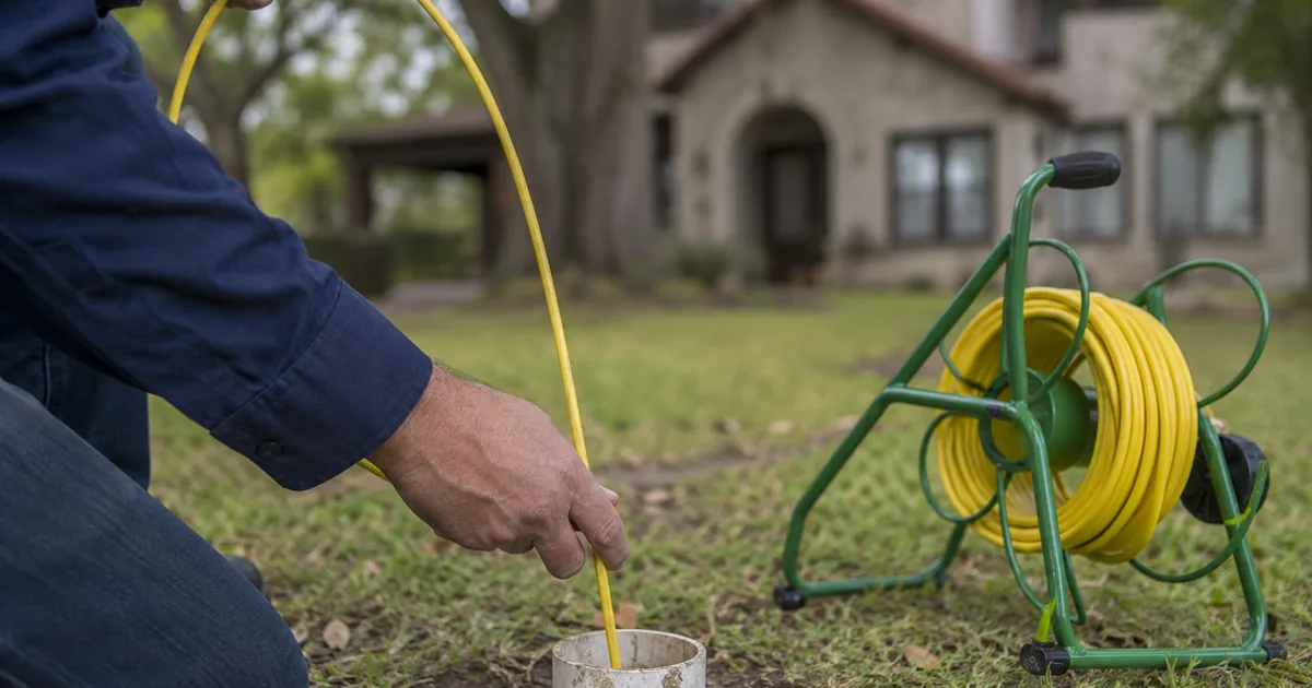 Home inspector feeding a sewer scope camera into the cleanout of an older Santa Ana home to check the clay lateral