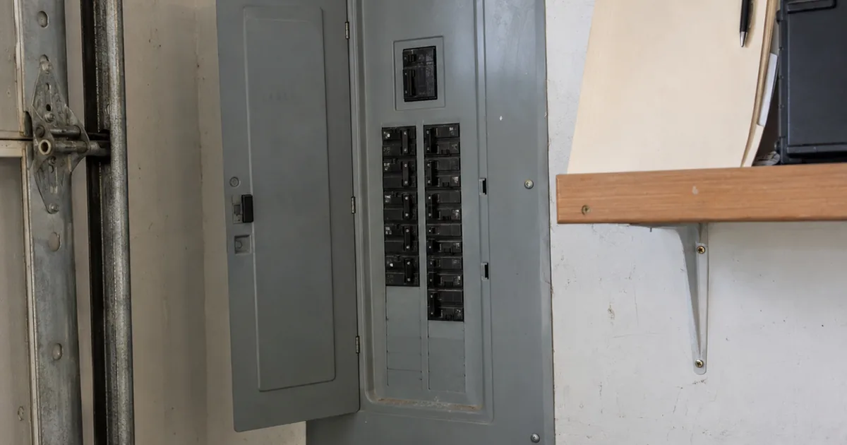 An open residential electrical panel on a garage wall next to a shelf holding a manila folder of paperwork and a pen