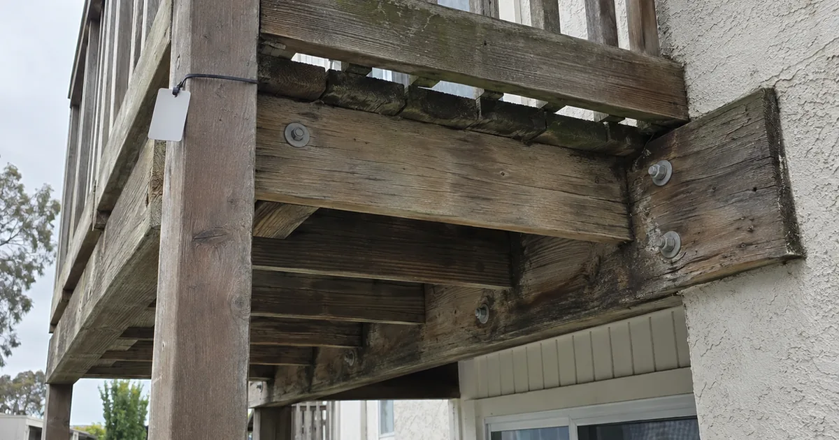 A close view of a wooden balcony's structural connection point, the ledger board bolted to the building wall with visible joist framing beneath, overcast daylight