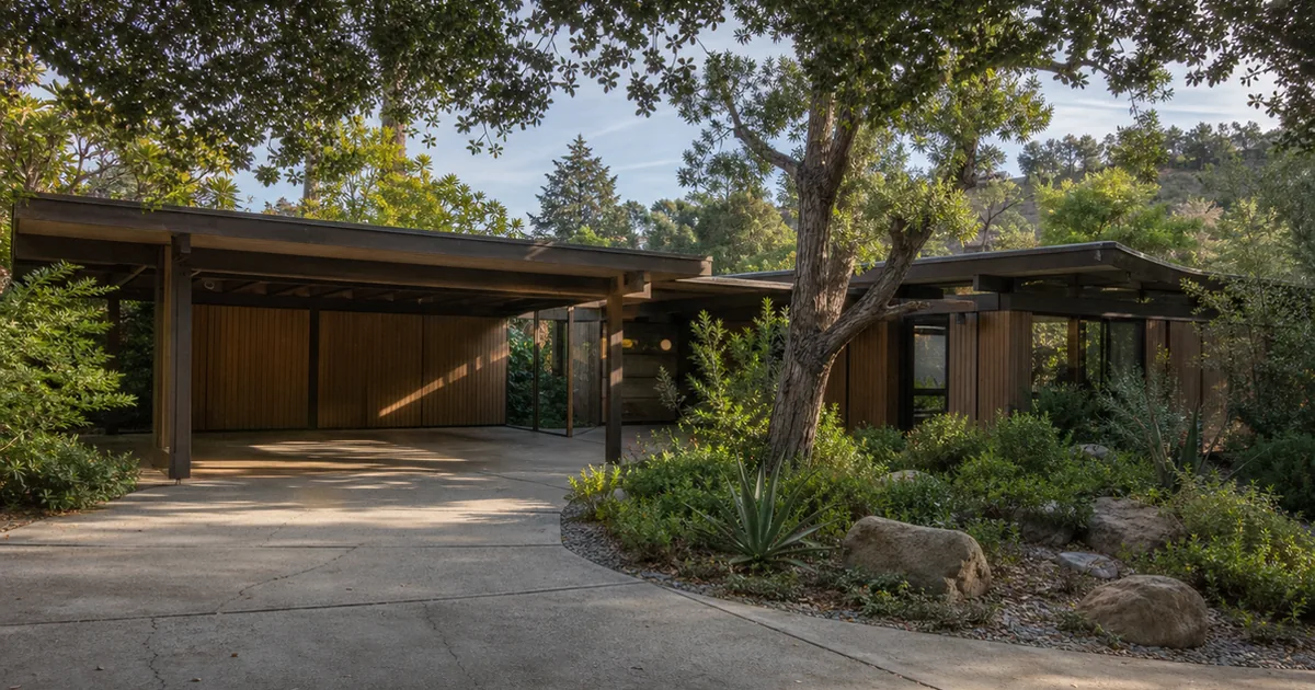 Low-slung mid-century modern post-and-beam home in Sherman Oaks with a flat roof and walls of glass
